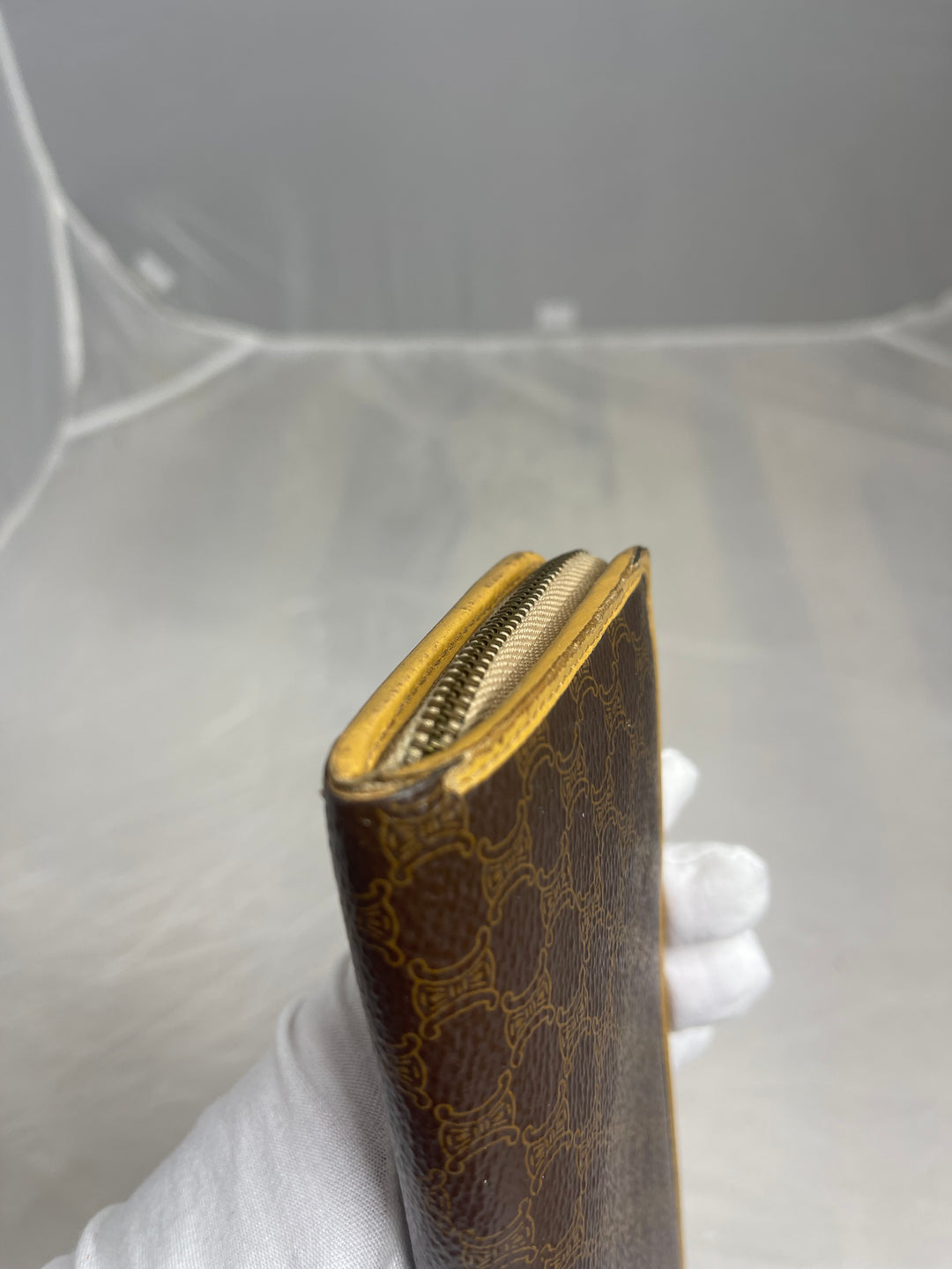 Celine dark brown logo & light leather long zippy wallet
