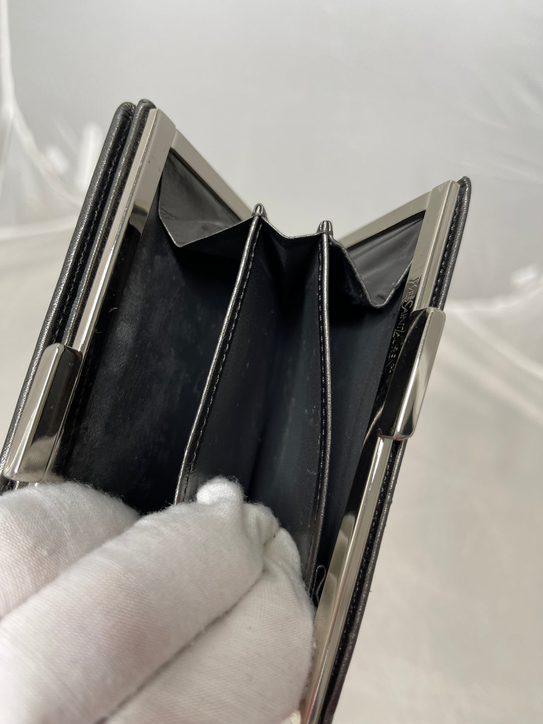 Yves Saint Laurent (YSL) preloved gunmetal gray small compact french kiss lock wallet