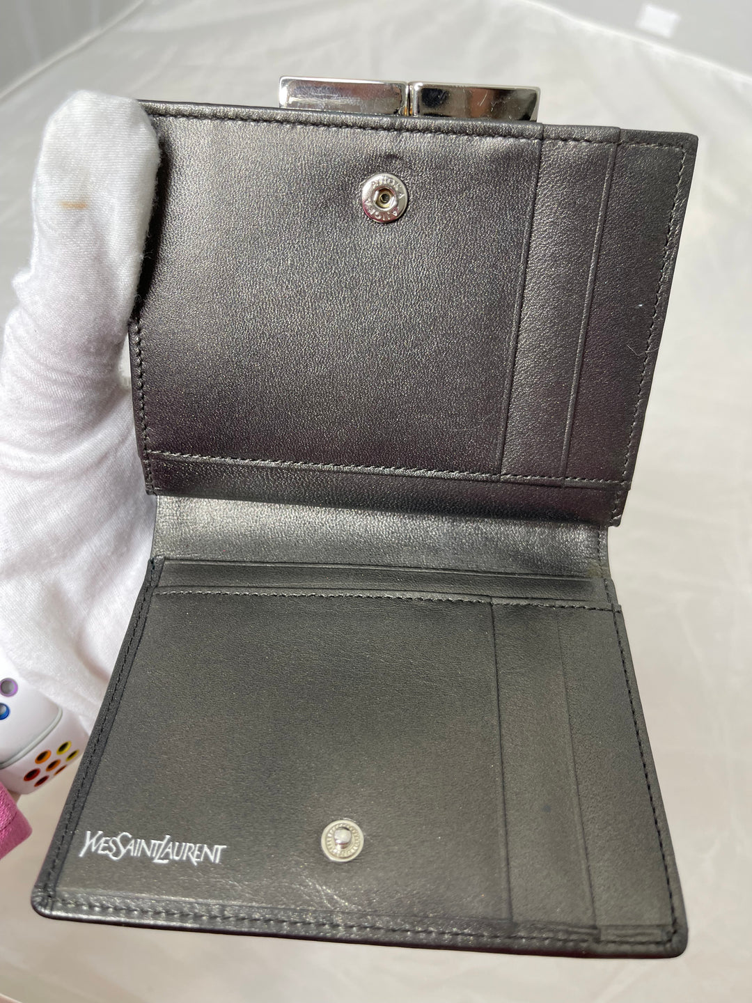 Yves Saint Laurent (YSL) preloved gunmetal gray small compact french kiss lock wallet