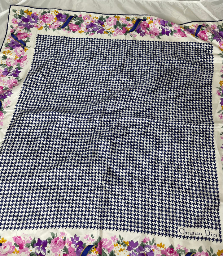 Christian Dior Navy Blue check pattern & Floral border Silk scarf