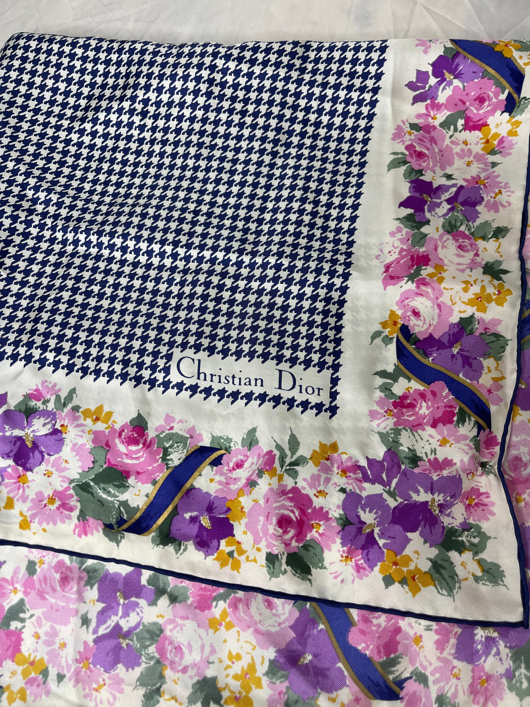 Christian Dior Navy Blue check pattern & Floral border Silk scarf