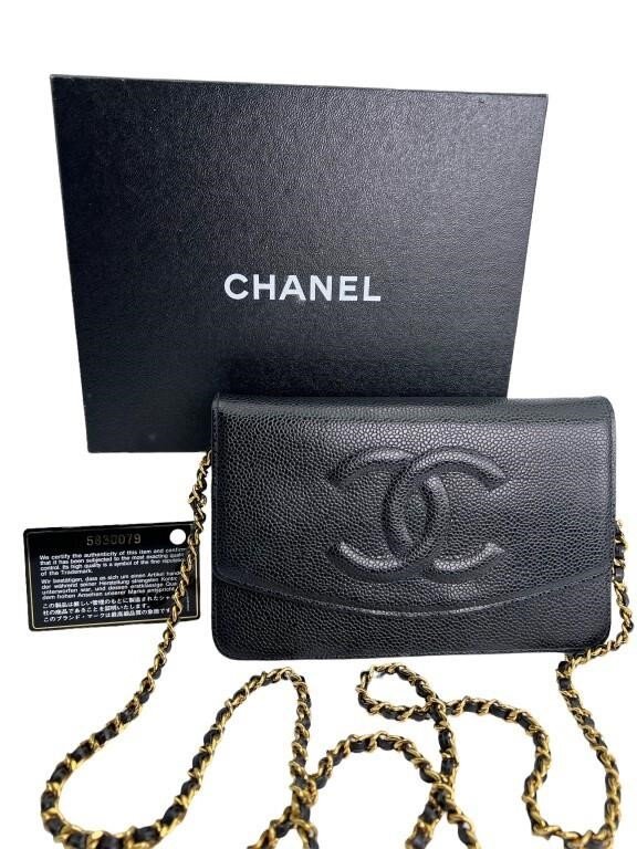 Chanel Black Caviar Timeless CC wallet on chain