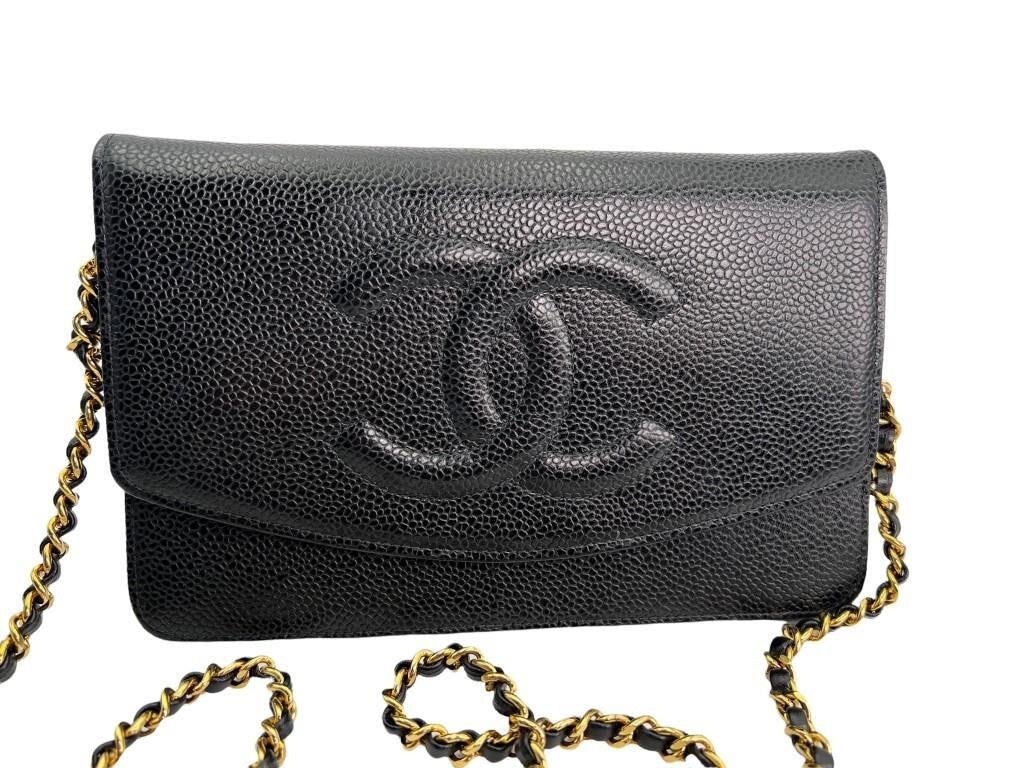 AUTHENTIC CHANEL Black Caviar Leather Timeless WOC Wallet On Chain Flap